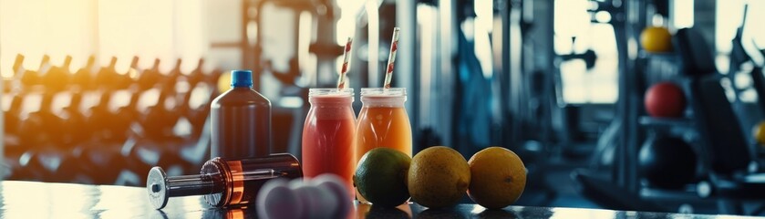 High-energy workout scene with a selection of pre-workout smoothies and natural energy drinks, gym background - obrazy, fototapety, plakaty