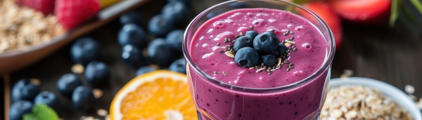 Wholesome breakfast scene with a homemade blueberry smoothie in a glass, surrounded by fresh fruits and oats - obrazy, fototapety, plakaty