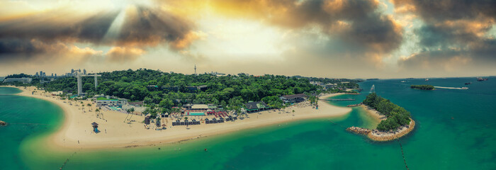 Sentosa Beach, Singapore. Aerial view of beach and coastline on a sunny day - obrazy, fototapety, plakaty