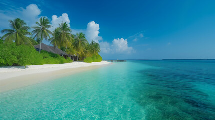 Fototapeta premium Capturing the serene beauty of a pristine beach accentuates the vibrant turquoise and emerald hues of the water against the white sand, evoking a sense of tranquility and serenity. Ocean beach island.