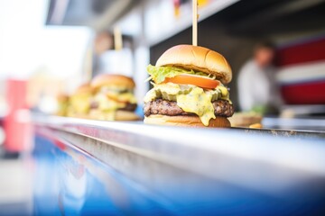 closeup of gourmet burgers on a food truck grill
