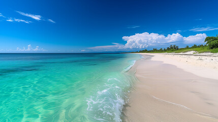 Capturing the serene beauty of a pristine beach accentuates the vibrant turquoise and emerald hues of the water against the white sand, evoking a sense of tranquility and serenity. Ocean beach island.