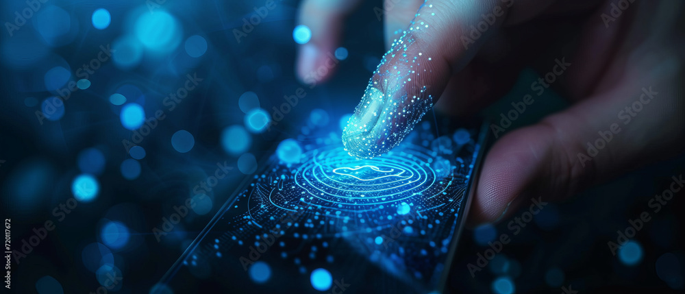 Poster cybersecurity of personal data safety, mobile smartphone using biometric finger print and two-factor