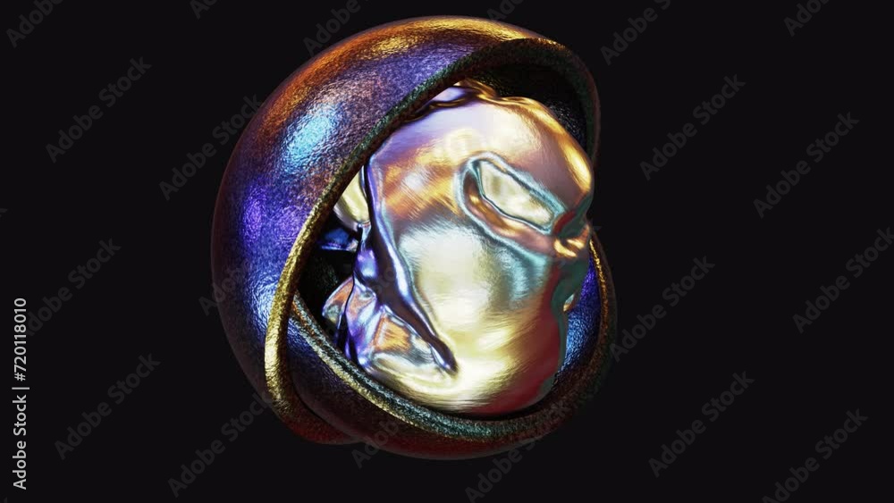 Poster realistic looping 3d animation of the abstract morphing iridescent liquid metal sphere inside of two