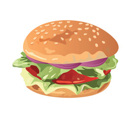 Burger element of colorful set. This illustration skillfully captures the essence of comfort food and culinary delights against the serene white canvas. Vector illustration.