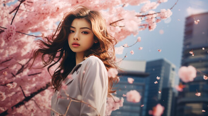 Modern happy young serious puzzled girl against the background of blooming pink cherry trees and metropolis city.