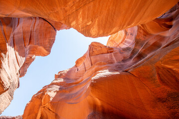 Beautiful wide-angle view of incredible sandstone formations in famous Antelope Canyon on a sunny...
