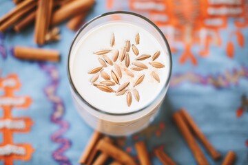 closeup of creamy horchata texture with rice grains visible