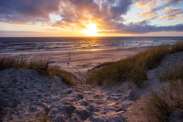 Fußweg durch die Dünen zum Strand bei Sonnenuntergang  - 720119230