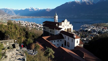 Europe, Swiss Switzerland , Locarno 01-26-2024 - Il Sacro Monte della Madonna del Sasso di Orselina in Maggiore Lake - amazing catholic Church view from the drone 