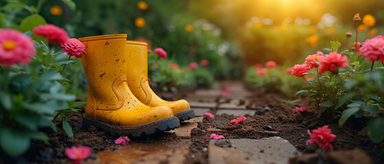 Gardening background with flowerpots, yellow boots in sunny spring or summer garden generative ai - obrazy, fototapety, plakaty