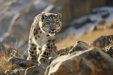Swift and elusive Snow Leopard navigating rocky Himalayan terrain its spotted coat and keen eyes blending seamlessly with the rugged landscape