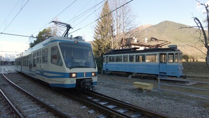 Obraz premium Europe, Italy 01-26-2024 - Domodossola, Locarno Swiss Railway line train station - old historic train in Vigezzina Centovalli experience 