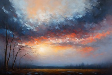 oil painting that explores the dynamic textures and colors of an imagined twilight sky