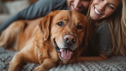 Happy Couple Play with Their Dog, Gorgeous Brown Labrador Retriever, generative ai
