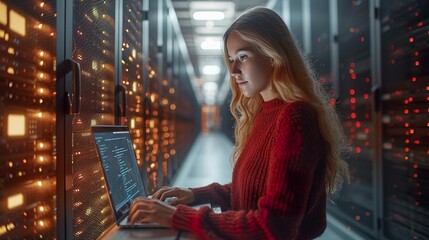 Beautiful Data Center Female IT Technician Walking Through Server Rack Corridor with a Laptop Computer