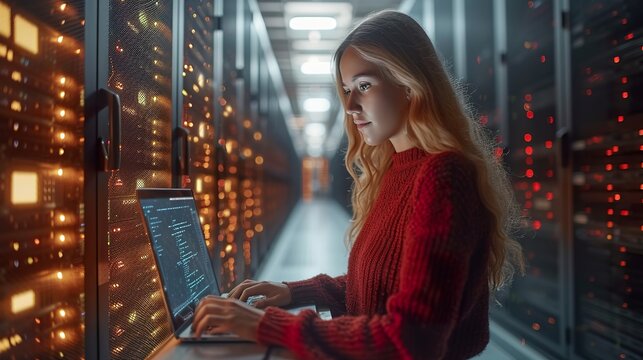 Beautiful Data Center Female IT Technician Walking Through Server Rack Corridor with a Laptop Computer