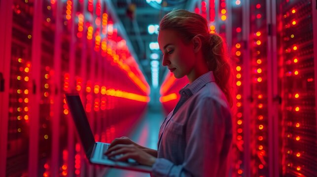 Beautiful Data Center Female IT Technician Walking Through Server Rack Corridor with a Laptop Computer