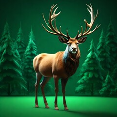  a regal stag, standing amidst a virtual forest against a rich emerald green background 