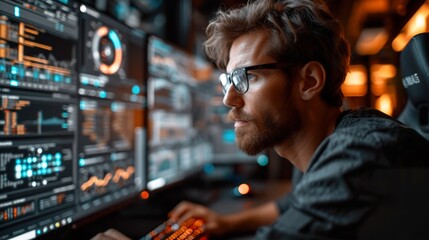 Fototapeta premium System Administration and Machine Learning Engineer Programming at His Workstation