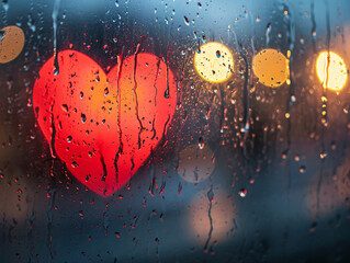 A heart on wet glass with raindrops, symbol of love, Valentine's Day concept illustration