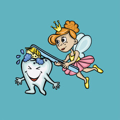 Tooth fairy brushing and washing tooth, vector