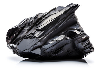 Black Obsidian volcanic glass crystal on white background.