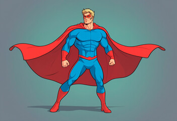 A male superhero in a blue and red super hero costume