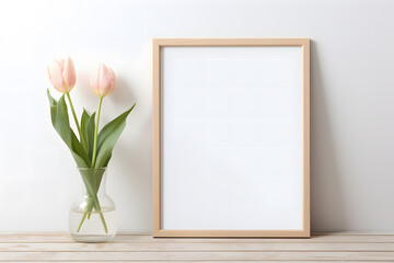 Poster mockup with wooden empty picture frame next to  pink tulip spring flowers in vase in front of white wall. - obrazy, fototapety, plakaty