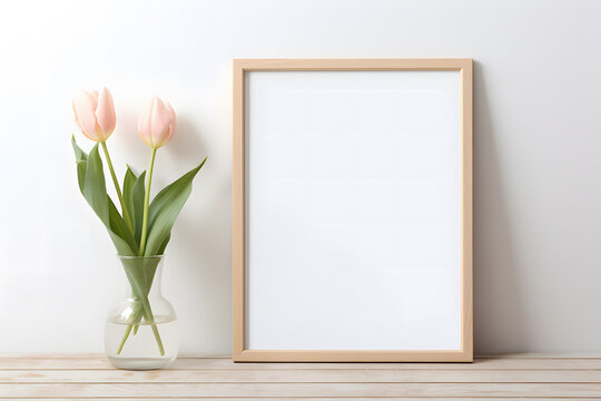 Poster mockup with wooden empty picture frame next to  pink tulip spring flowers in vase in front of white wall.