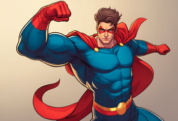 A male superhero in a blue and red super hero costume