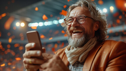 Positive, happy, emotional businessman holding mobile phone and celebrating money win. Sports betting. generative ai