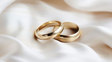 Wedding rings on white satin background, close-up