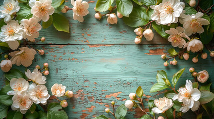 Delicate apple blossoms on a rustic aged green wooden background, capturing the essence of spring's arrival.