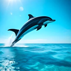 a playful dolphin leaping in a virtual ocean, against a serene aqua blue background