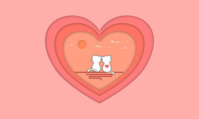 Paper cut love heart with cat valentine day vector card.
