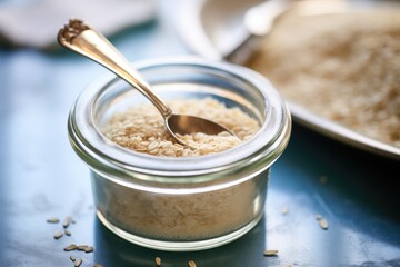 close-up of oatmeal in glass bowl, next to a spoon