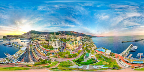 Montecarlo. Aerial view of Monaco skyline at sunset. Panoramic 360 degrees spherical - obrazy, fototapety, plakaty