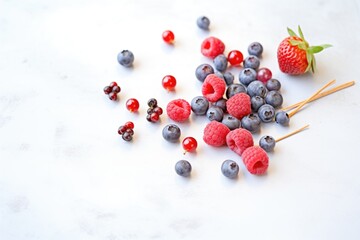 handful of berries with nutritional tag on a light-colored surface - obrazy, fototapety, plakaty