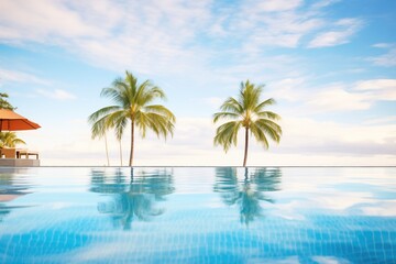 clear blue infinity pool with palm trees reflection - obrazy, fototapety, plakaty