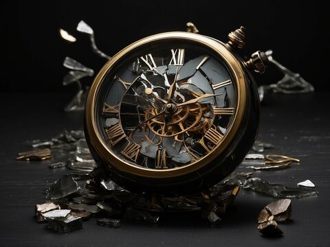 broken shattered clock on a black background, out of time concept