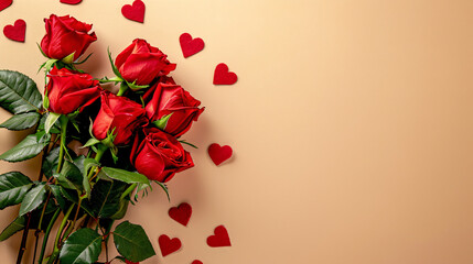 Bouquet of roses and red hearts on beige background