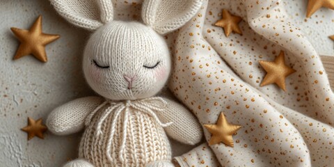 Banner withknitted bunny and gold stars on isolated pastel beige background with copy space, AI generated