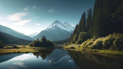 Mountain lake with reflection of mountains in the water. Panoramic view of a river in the rainforest at sunset. Nature Background