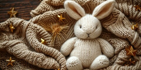 Banner withknitted bunny and gold stars on isolated pastel beige background with copy space, AI generated
