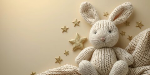 Banner withknitted bunny and gold stars on isolated pastel beige background with copy space, AI generated