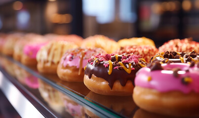 A many types of donuts displayed in a glass covered display case in a baker shop.