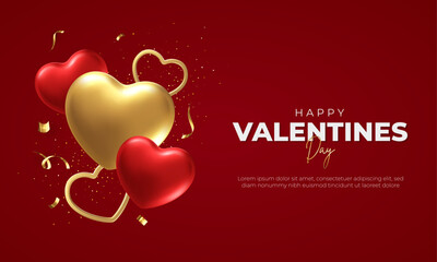 Happy Valentine's Day Greeting Card and Banner Design. Valentine's Day Background with Golden and Red Hearts and Text for Cover, Poster, and Website Vector Illustration