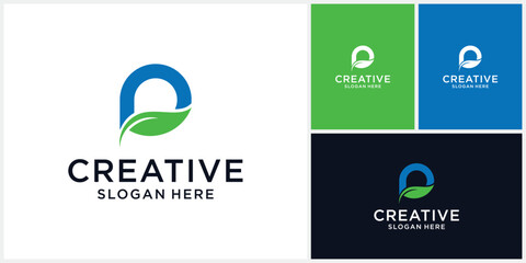 P and leaf letter logo design template