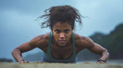 African american fitness woman doing push ups on beach under rain during outdoor cross training workout. Action and healthy lifestyle concept. Workout at the beach.